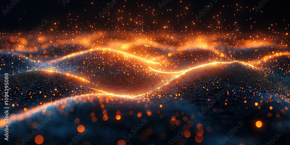 © upnowgraphics - Abstract digital landscape with glowing orange particles and bokeh lights © upnowgraphics - Abstract digital landscape with glowing orange particles and bokeh lights