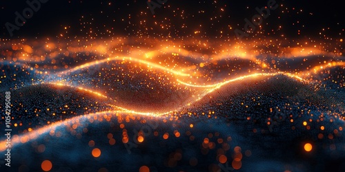 Abstract digital landscape with glowing orange particles and bokeh lights photo