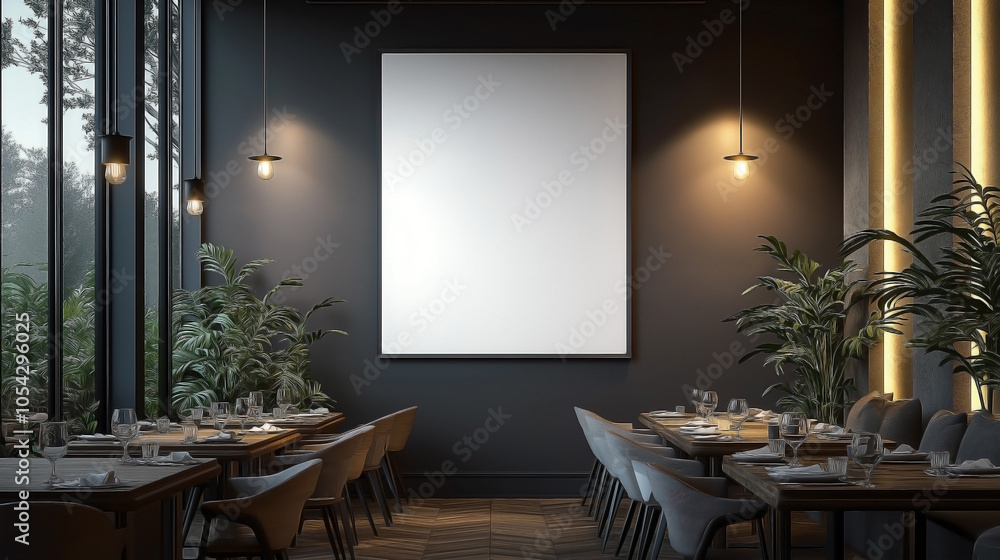 Fototapeta premium Modern restaurant interior with sleek, minimalist design. A large blank white mock-up poster is displayed on the wall
