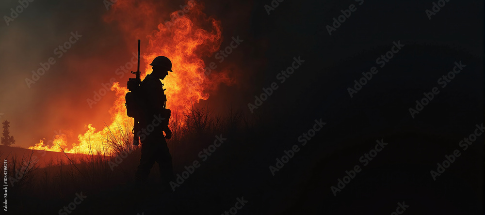 Fototapeta premium silhouette of a soldier in which warlike actions take place on the battlefield in war, destruction and trauma caused by conflict and war