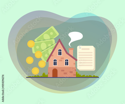 House, money and residential contract for sale and purchase vector illustration. Profitable investment in property. Real estate concept