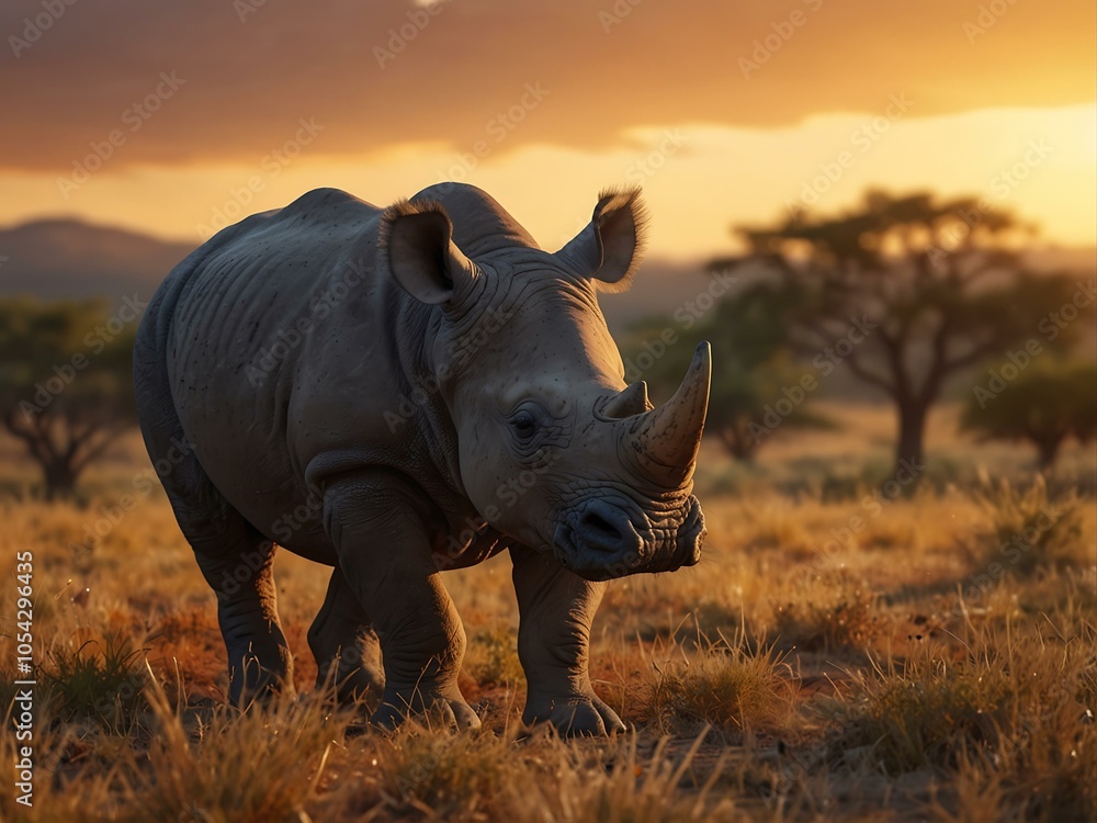 Obraz premium Illustration of a cute baby rhino in a bright savannah at golden hour.