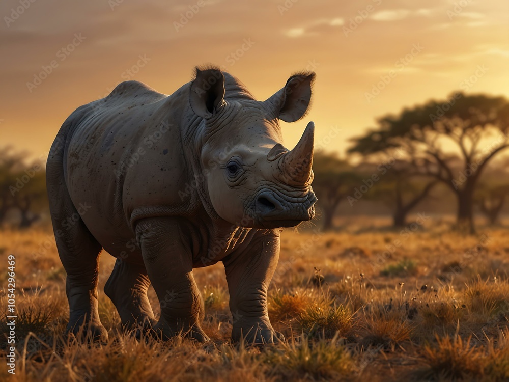 Fototapeta premium Illustration of a cute baby rhino in a bright savannah at golden hour.