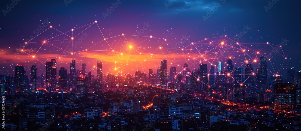Illuminated cityscape with glowing network connections overlay Illuminated cityscape with glowing network connections overlay