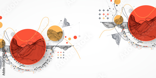The abstract wave is made in a frame style with half tone element. Template for science and technology presentation. Hand drawn vector art.