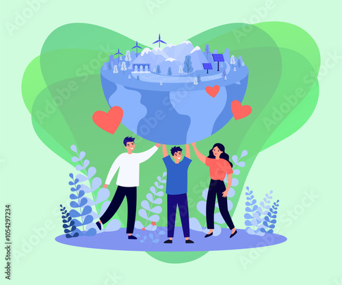 People holding and saving Earth vector illustration. Planet with eco-friendly technology, sustainable energy and solar power batteries. Green living lifestyle, sustainability, ecology concept