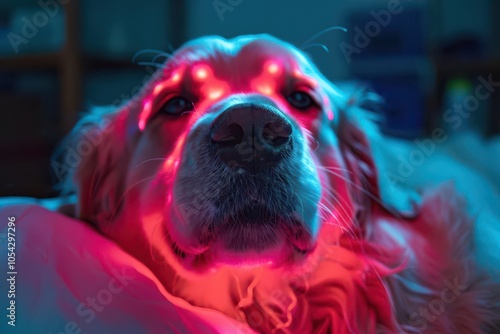 Close-up of a pet receiving physical therapy with a laser device detailed light effects sharp focus hyper-realistic textures vibrant visual clarity photo