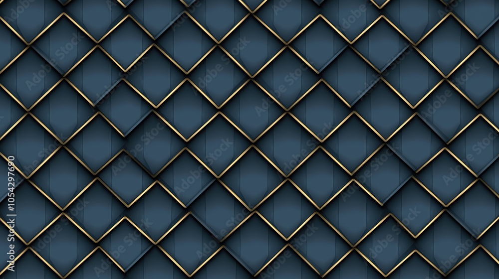 Fototapeta premium Blue and gold patterned background with gold trim. The pattern is made up of squares and triangles