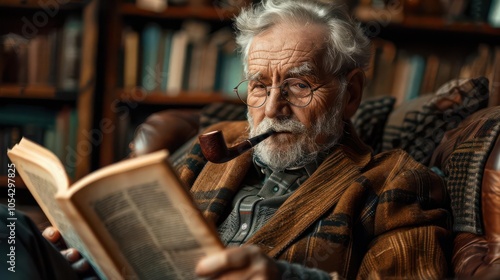 Elderly man with a pipe, reading a book in a comfortable chair