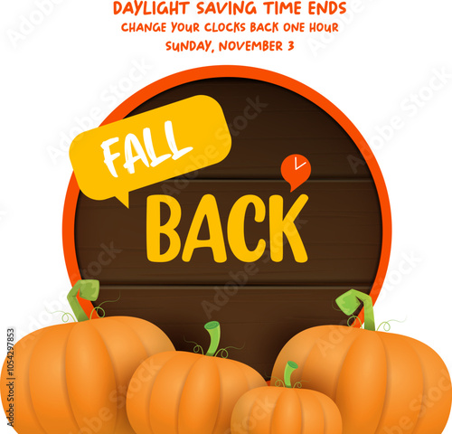 Fall Back 2024. Autumn Daylight saving time ends banner with pumpkins isolated on white background.