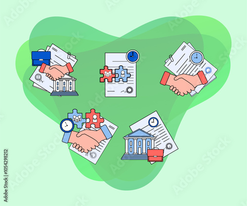 Public and private sectors deal vector illustrations set. Long term contracts, handshakes, agreement between public and private sectors. Partnership, management, government, finances concept