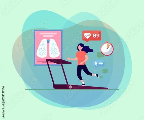 Sporty woman jogging on treadmill vector illustration. Lungs, pulse rate control, step counter. Healthy lifestyle, wellness, respiratory exercises, sport, practices concept