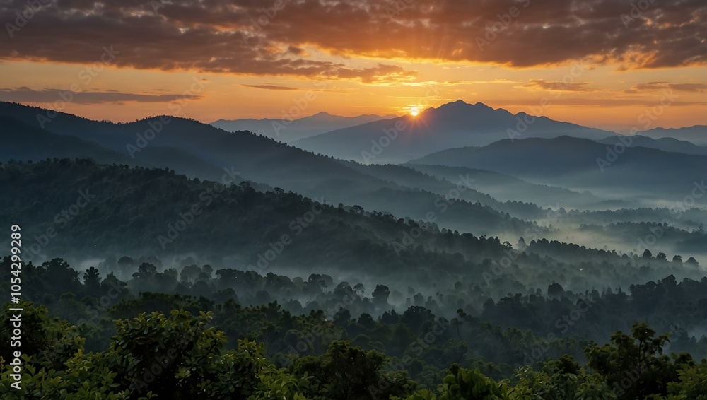 Naklejka premium Mountain sunrise capturing serene beauty.