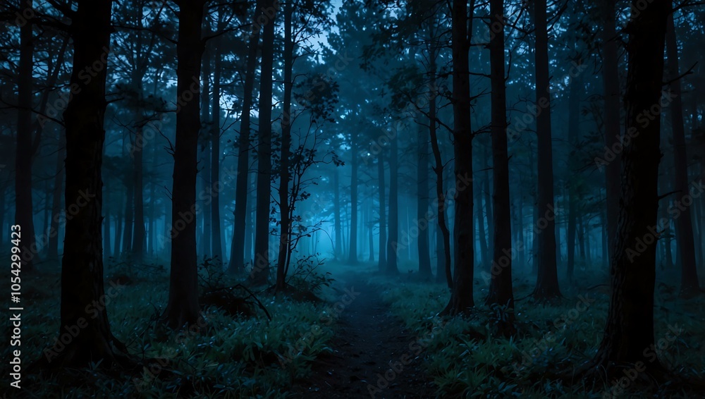 Obraz premium Mysterious blue light illuminating a serene forest landscape at dusk.