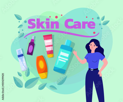 Woman and cosmetic products vector illustration. Bottles, tubes with cream, serum. Beauty products lineup, skincare regimen concept