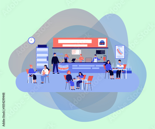 Vibrant food court interior design. Vector illustration. People sitting and having meal at cafe. Cafe, restaurant, food, snack concept