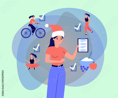 Woman in Christmas hat with resolution list. Vector illustration. Woman riding bike, doing yoga, jogging, eating healthy food. Health, wellness, New Year resolution concept