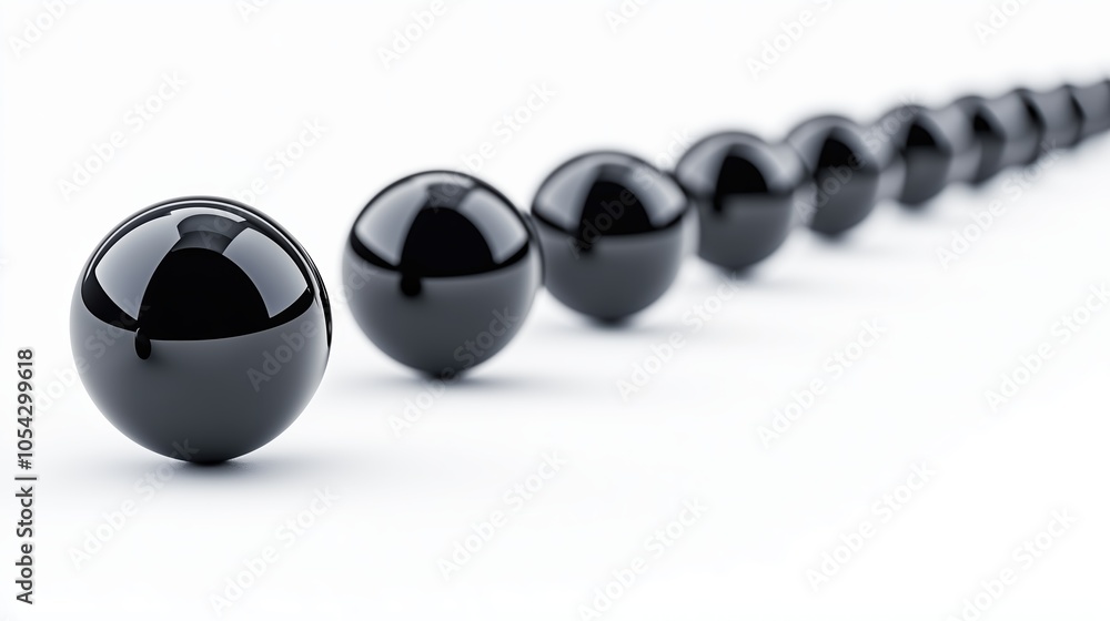 Row of black spheres with one in the middle. The spheres are all the same size and are lined up in a row Row of black spheres with one in the middle. The spheres are all the same size and are lined up in a row
