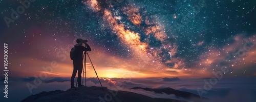 Photographer with a tripod, capturing the night sky