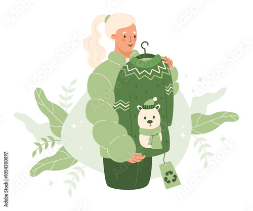 Sustainable fashion Shopping. Cute woman holding green eco-friendly winter sweater with polar bear, symbolizing sustainability and environmental awareness. Vector illustration