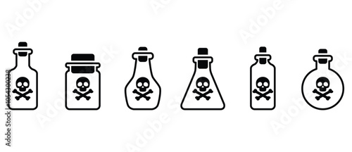 Poison Bottle icon set, Icon illustration of a set of poison bottles with a skull label on top. Chemical weapons, acids or poisons. Chemical glass bottle with skull and crossbones label vector icon.