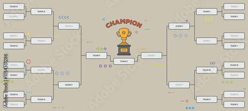 Sport game tournament contest stage bracket board. Line style kids tournament gold champion trophy prize. Blank tournament for 16 players or teams template event or playoff.