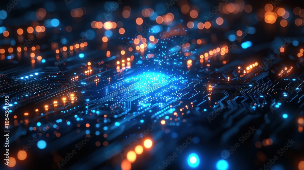 Abstract Circuit Board with Glowing Blue and Orange Lights