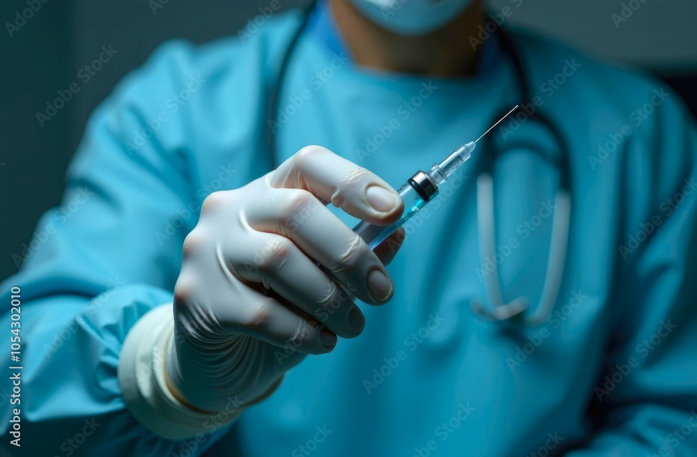 Close-up Doctor with Syringe. Concept of Medicine and Health. Doctor Hand in a glove Holding Syringe with liquid medicament. Blue and white colors Close-up Doctor with Syringe. Concept of Medicine and Health. Doctor Hand in a glove Holding Syringe with liquid medicament. Blue and white colors