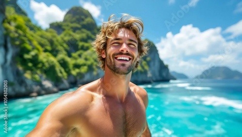 Smiling man enjoying a tropical beach adventure