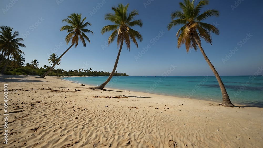 Obraz premium Scenic beach with palm trees and a clear blue sky.