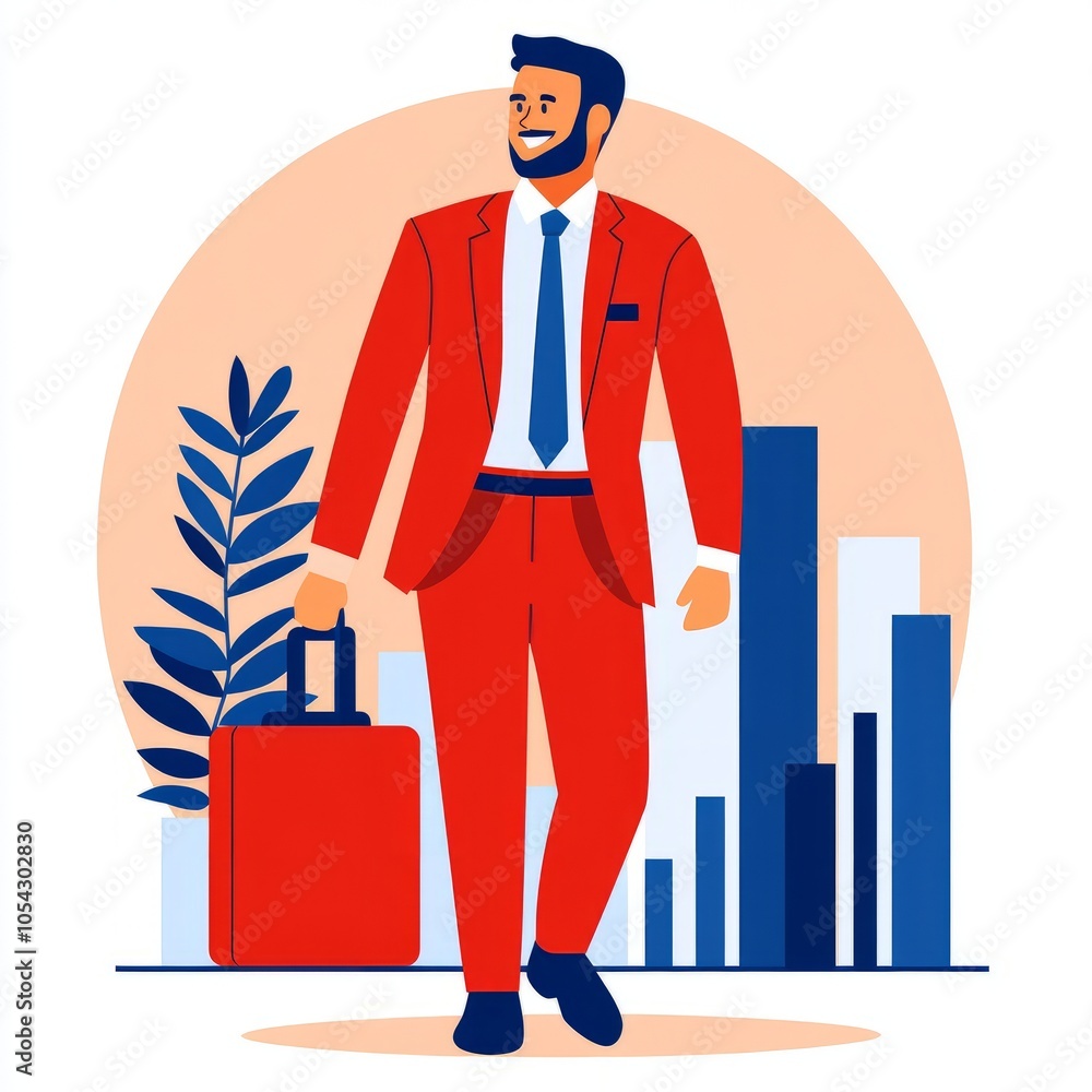 A confident businessman in a red suit carrying a briefcase in an urban setting. A confident businessman in a red suit carrying a briefcase in an urban setting.