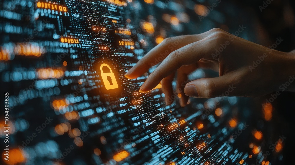 Obraz premium Hand Interacting with a Digital Lock Icon on a Screen with Code and Bokeh Lights