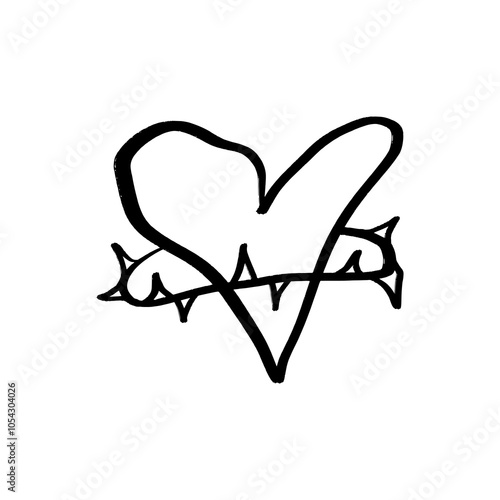 Spiky prickly hand-drawn black isolated heart in yk2 drain spooky style. Brush ink stylized love symbol decor element. Valentine's day card, pattern element or tattoo sketch. Vector, clip-art.