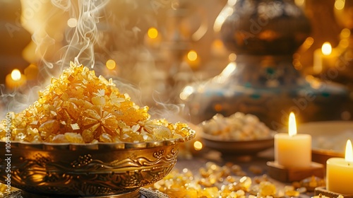 Gold, frankincense, and myrrh in the foreground, baby Jesus softly visible in the background, glowing scene, close-up photo