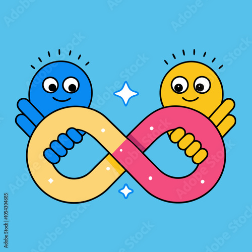 Symbol of infinity, which is carried by 2 cartoon characters. Vector illustration - an icon for Valentine's Day, the holiday of all lovers. Stickers, holiday elements. cartoon style