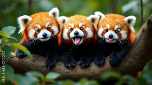 Three playful red pandas on a tree branch