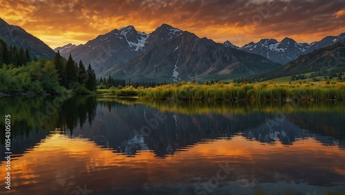 Sunset over mountains reflecting on a lake, creating a scenic view.