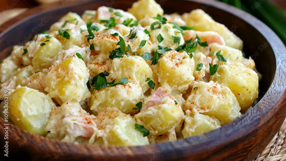 A bowl of creamy potato salad with parsley and spices A bowl of creamy potato salad with parsley and spices