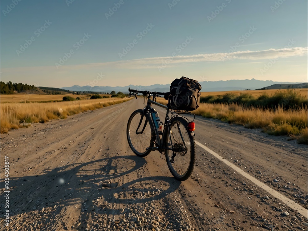 Fototapeta premium Touring bicycle on a scenic gravel road, loaded for travel.