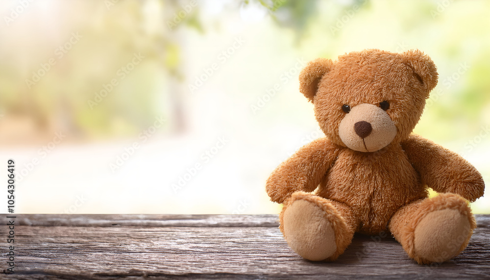 Obraz premium Cute teddy bear sitting on a wooden table with a peaceful nature scene in the background. Perfect representation of childhood innocence and warmth.