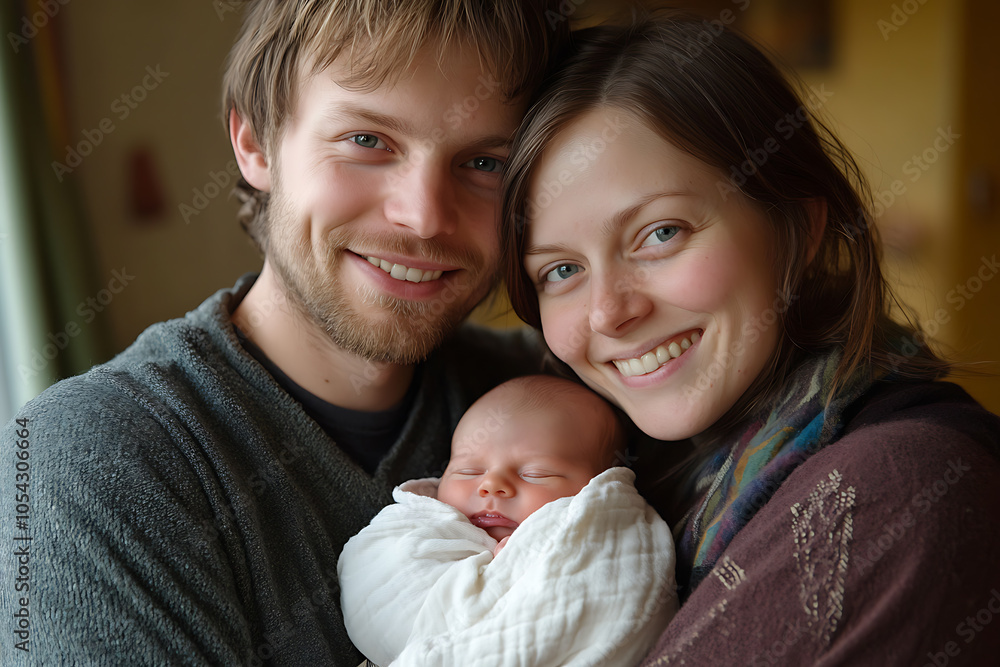 The heartwarming image shows a young couple, a man and a woman, embracing their newborn baby in their arms with love and tendernes The heartwarming image shows a young couple, a man and a woman, embracing their newborn baby in their arms with love and tendernes