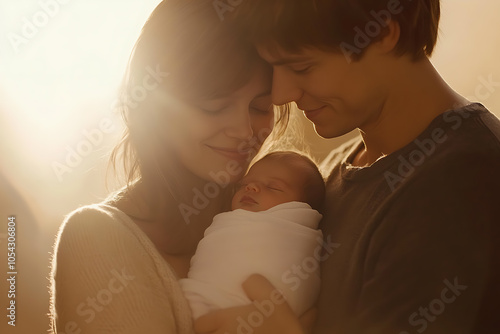 The heartwarming image shows a young couple, a man and a woman, embracing their newborn baby in their arms with love and tendernes photo