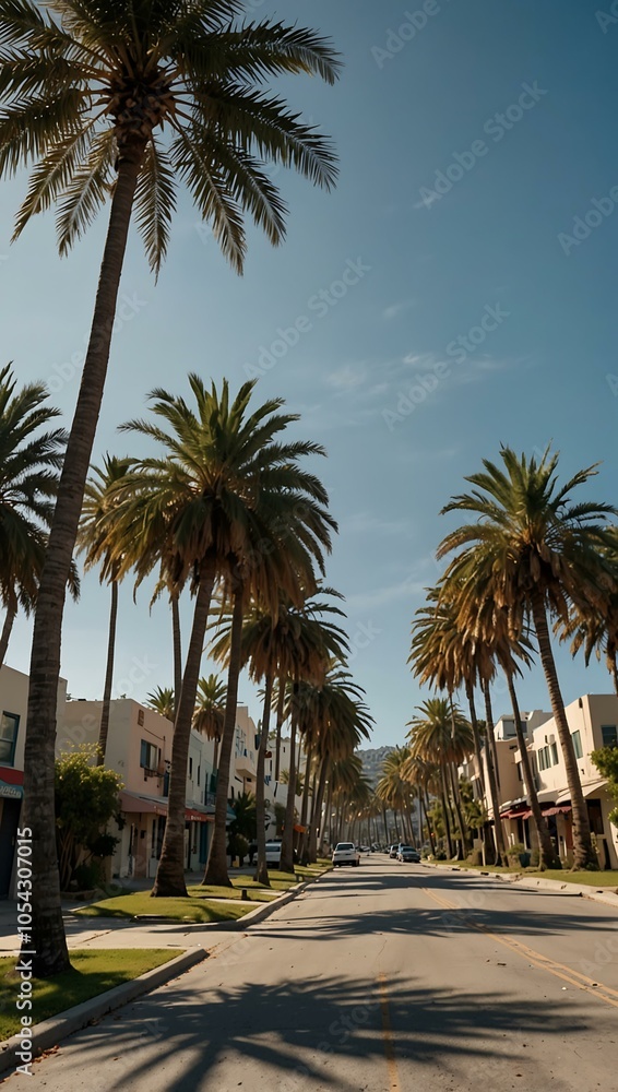 Video of a street lined with palm trees under a blue sky. Video of a street lined with palm trees under a blue sky.