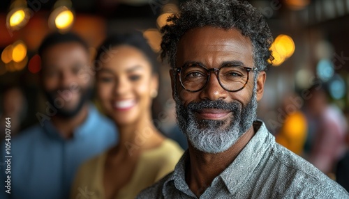 Portrait of a smiling man with glasses and grey beard, with blurred people behind him.