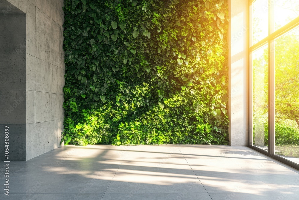 Obraz premium Sustainable concept: green office space, bright sunlight flooding a lush wall in a modern entryway