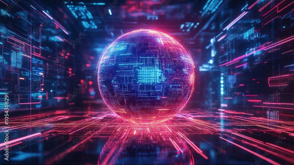 Obraz premium Digital Sphere in a Neon Cyber World