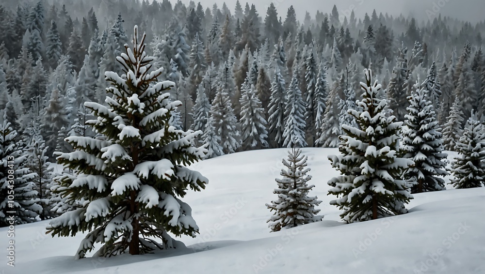 Fototapeta premium Winter scene with snow-covered pine trees.
