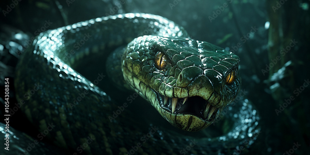Fototapeta premium Big green snake in the jungle. 2025 chinese new year