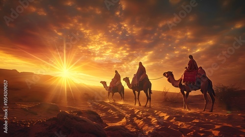 The three magi on camels entering Bethlehem, star of Bethlehem glowing in the sky, baby Jesus in a manger bathed in light