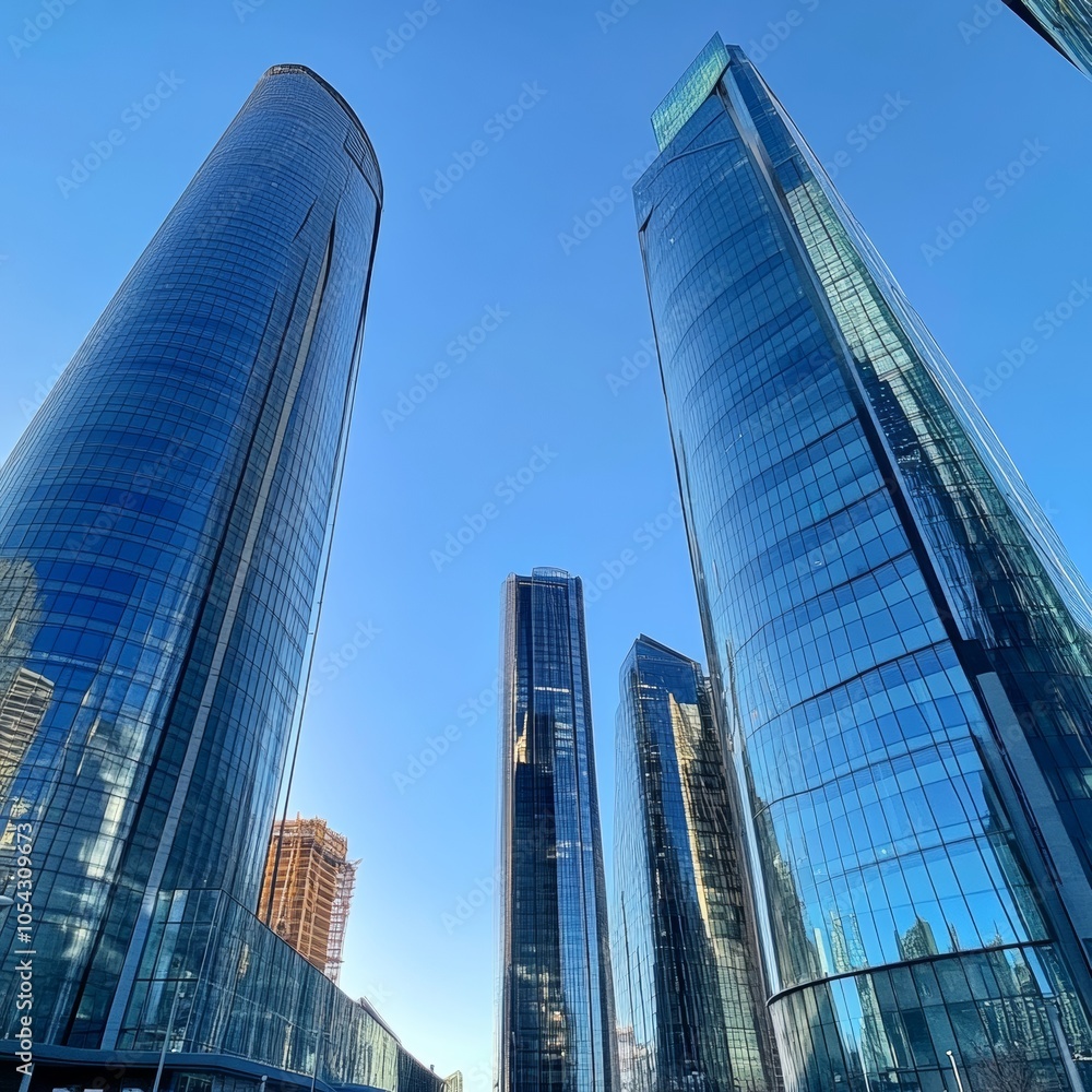 Fototapeta premium Madrid, Spain in December 2022. The city's financial district, known as Cuatro Torres Business Area, features modern glass buildings.